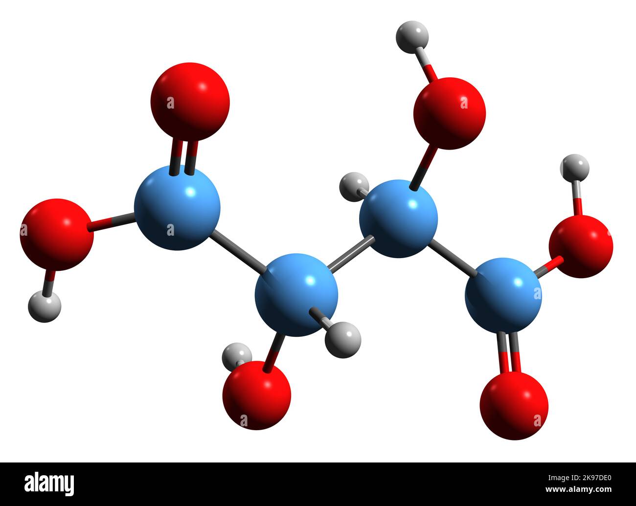 3D Bild der Skelettformel der Tartarinsäure - molekulare chemische Struktur der UVIC-Säure E334 isoliert auf weißem Hintergrund Stockfoto