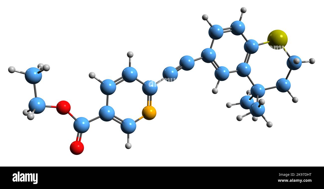 3D Bild der Skelettformel von Tazarotene - molekularchemische Struktur eines verschreibungspflichtigen topischen Retinoids, isoliert auf weißem Hintergrund Stockfoto