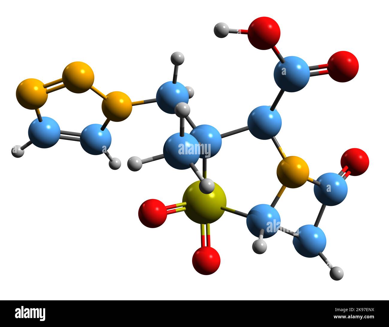 3D Abbildung der Skelettformel von Tazobactam - molekularchemische Struktur des Beta-Lactamase-Inhibitors, isoliert auf weißem Hintergrund Stockfoto