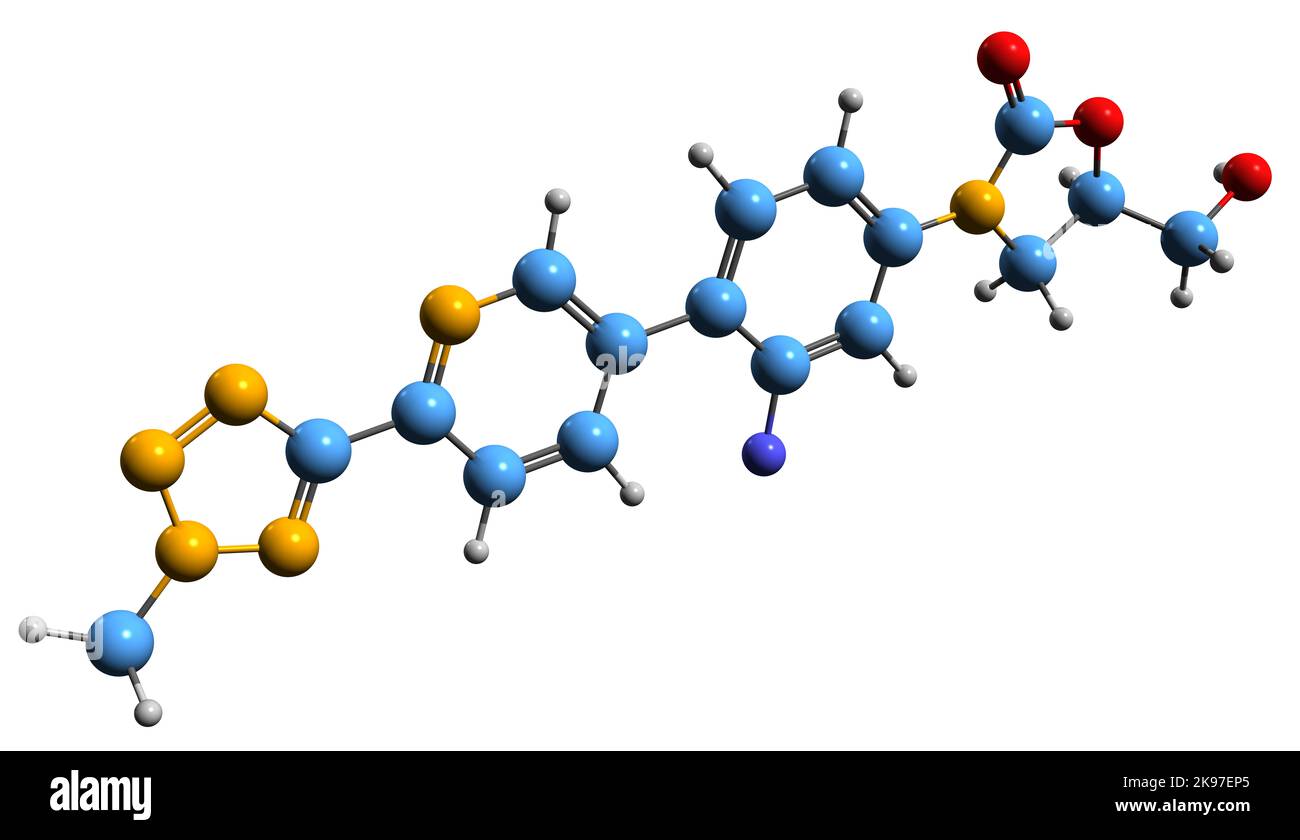 3D Bild der Skelettformel von Tedizolid - molekulare chemische Struktur eines Antibiotikums der Oxazolidinone-Klasse, isoliert auf weißem Hintergrund Stockfoto