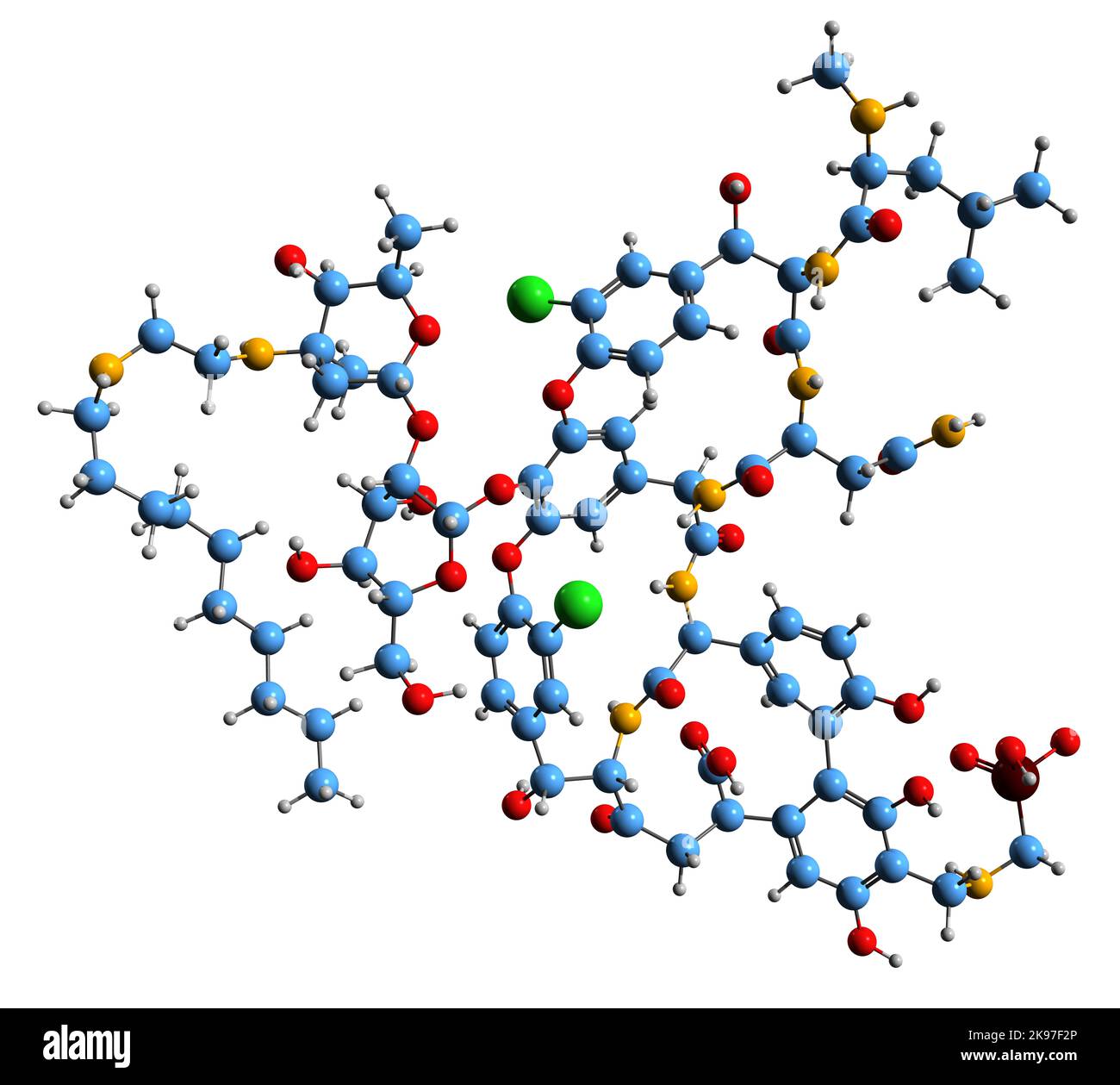 3D Bild der Telavancin-Skelettformel - molekulare chemische Struktur des bakteriziden Lipoglycopeptids auf weißem Hintergrund isoliert Stockfoto