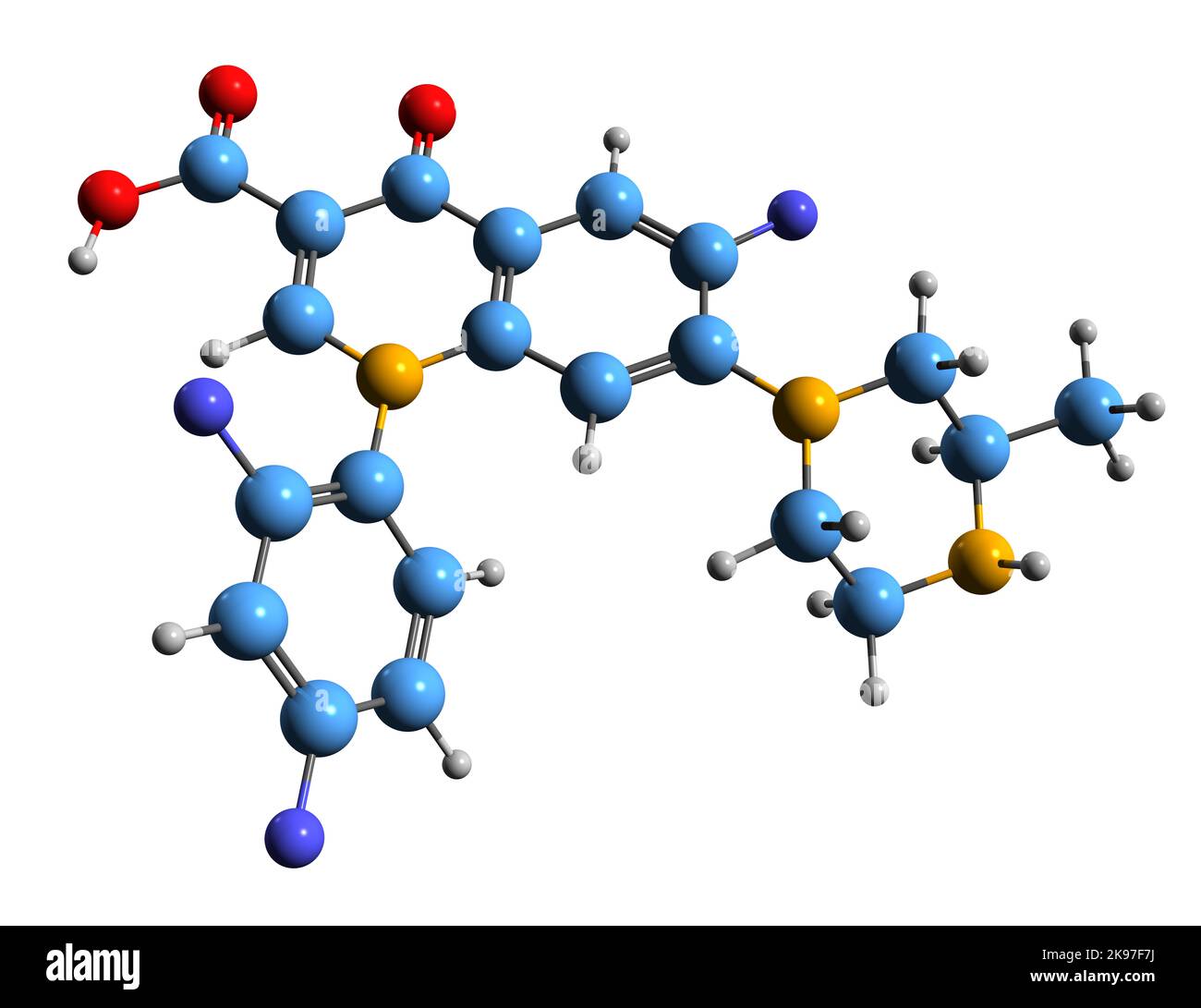 3D Bild der Skelettformel von Temafloxacin - molekulare chemische Struktur des Fluorchinolon-Antibiotikums, isoliert auf weißem Hintergrund Stockfoto