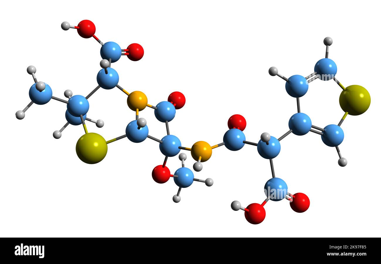 3D Bild der Temocillin-Skelettformel - molekularchemische Struktur von Beta-Lactamase-resistentem Penicillin auf weißem Hintergrund isoliert Stockfoto