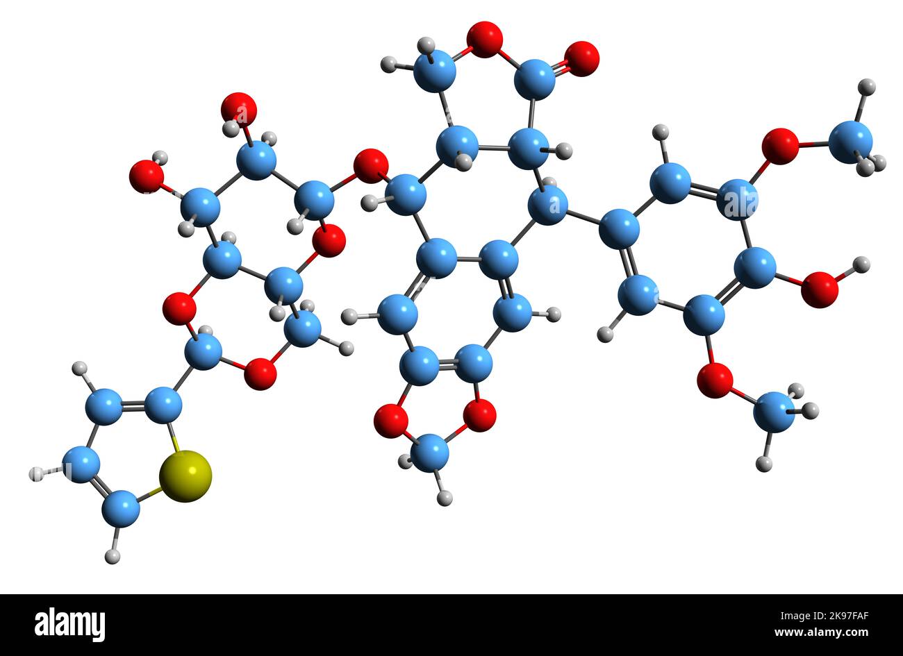 3D Bild der Skelettformel von Teniposid - molekularchemische Struktur chemotherapeutischer Medikamente isoliert auf weißem Hintergrund Stockfoto