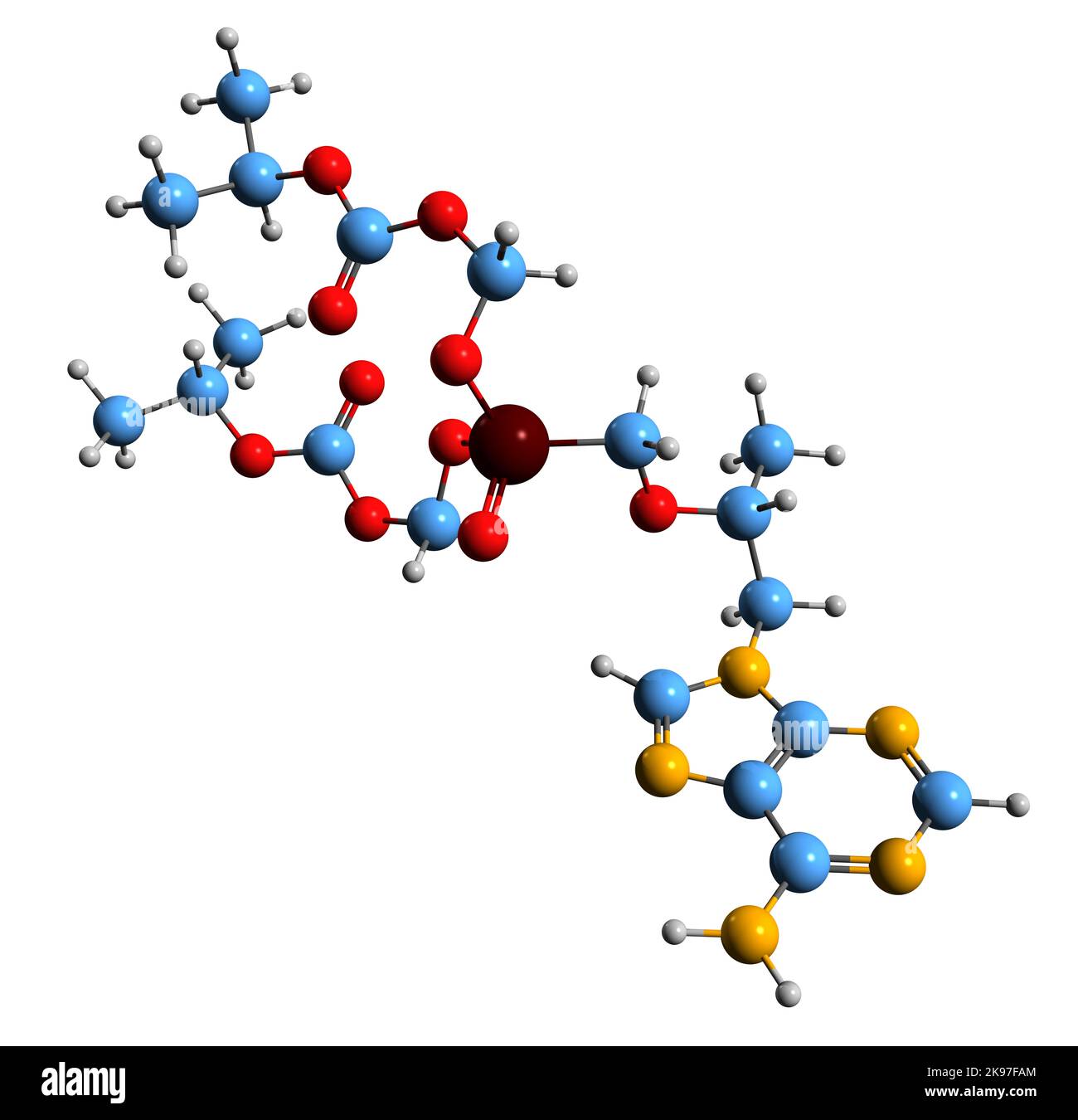 3D Bild der Skelettformel Tenofovir disoproxil - molekularchemische Struktur des Hepatitis-B-Medikaments auf weißem Hintergrund isoliert Stockfoto