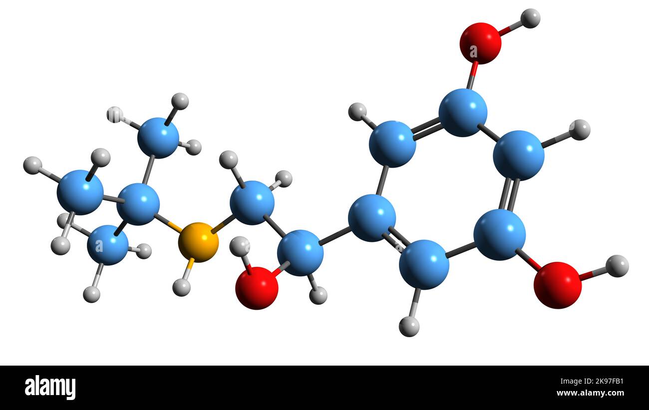 3D Bild der Skelettformel von Terbutalin - molekulare chemische Struktur von beta2 adrenergen Rezeptoragonisten isoliert auf weißem Hintergrund Stockfoto