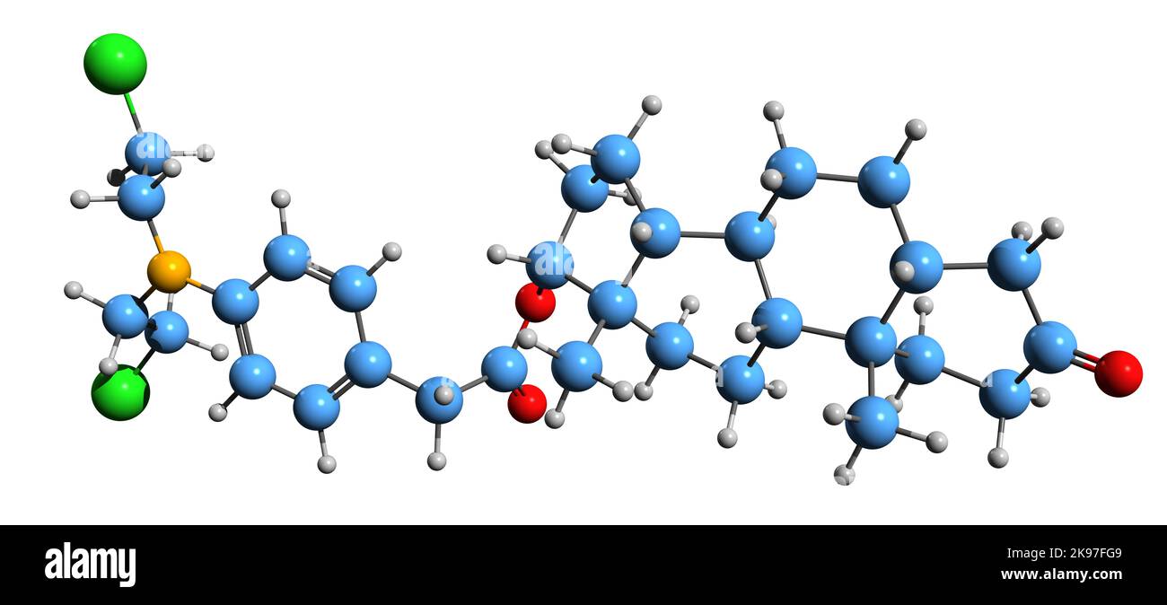 3D Bild der Skelettformel von Testifenon - molekularchemische Struktur des Chlorphenacyldihydrotestosteron-Esters isoliert auf weißem Hintergrund Stockfoto