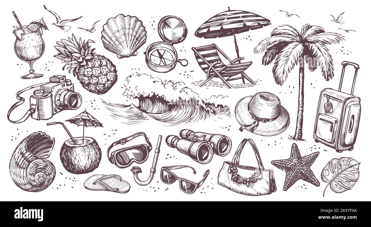 Skizze des Reisesatzes. Gezeichnete Sammlungselemente. Urlaub am Strand, Meeresabenteuer-Konzept. Vintage-Illustration „Journey“ Stockfoto