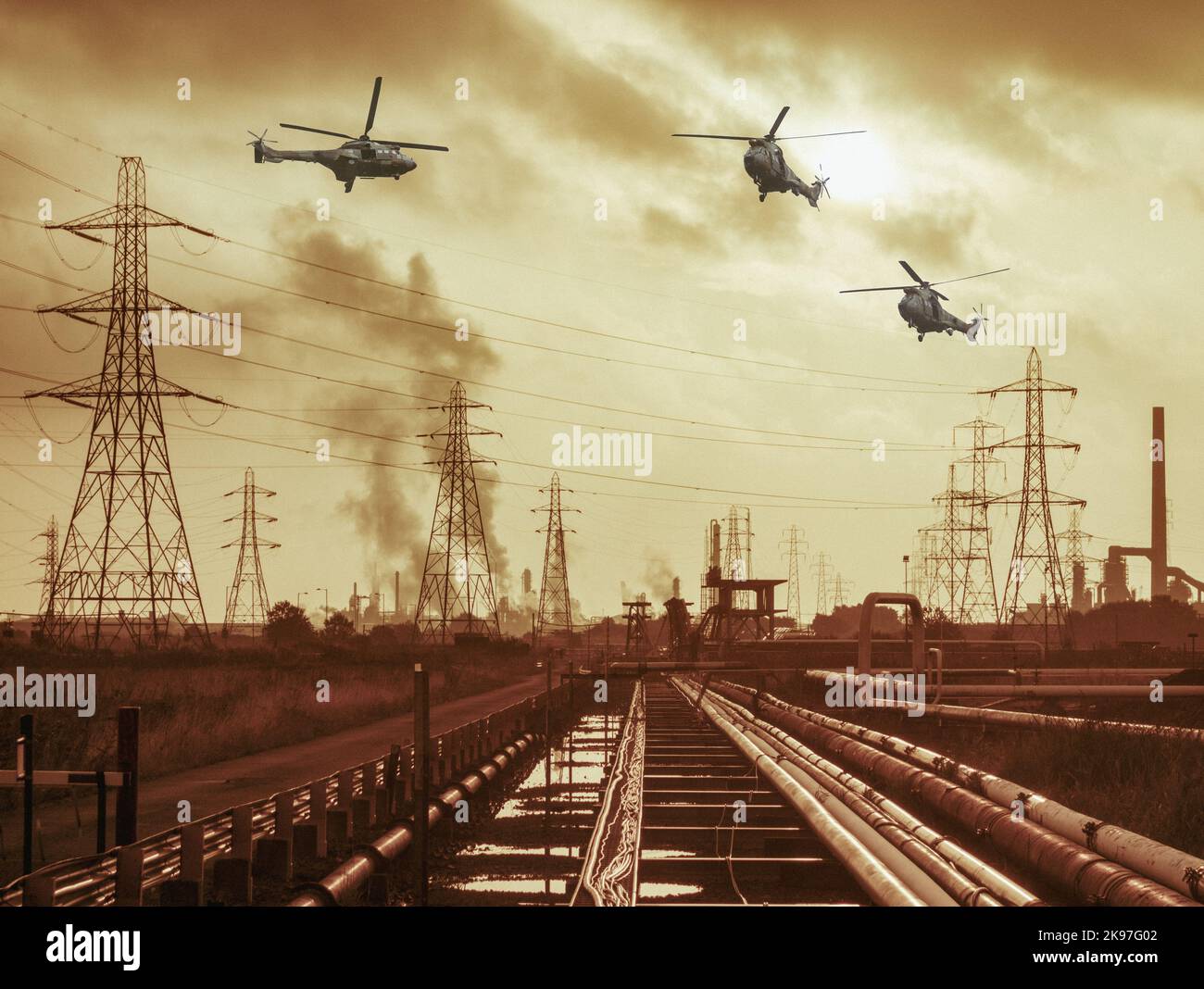 Militärhubschrauber fliegen über Gas-/Petrochemie-Komplex. Ukraine, Russland Kriegskonzept/Kompositbild Stockfoto