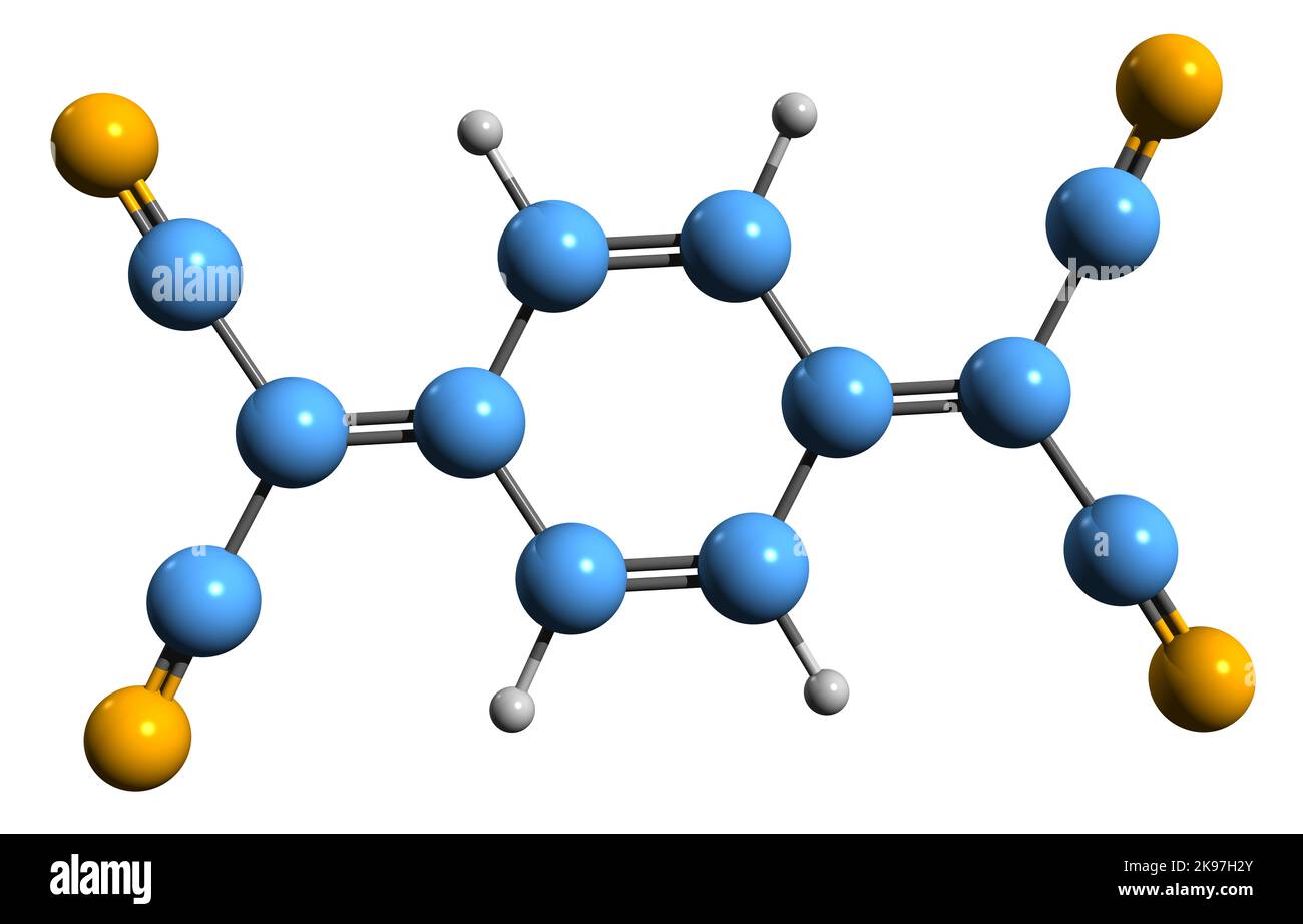 3D Bild der Skelettformel von Tetracyanoquinodimethan - molekularchemische Struktur der organischen Verbindung TCNQ isoliert auf weißem Hintergrund Stockfoto