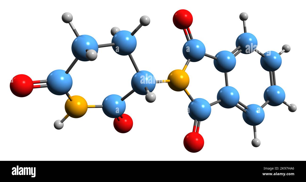 3D Bild der Skelettformel von Thalidomid - molekularchemische Struktur immunmodulatorischer Medikamente isoliert auf weißem Hintergrund Stockfoto