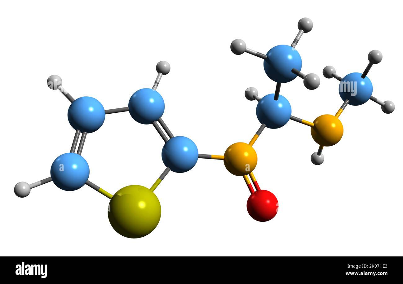 3D Bild der Thiothinone-Skelettformel - molekulare chemische Struktur des Stimulans isoliert auf weißem Hintergrund Stockfoto