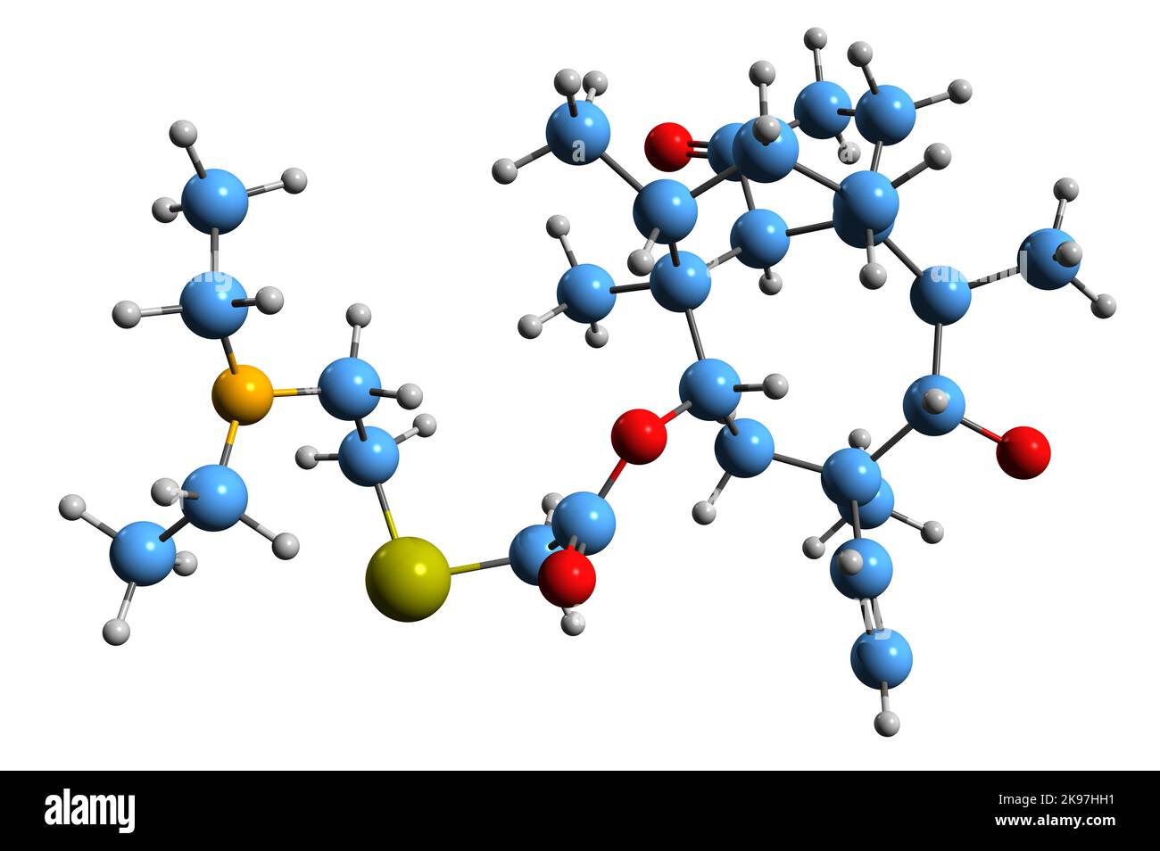 3D Bild der Tiamulin Skelettformel - molekularchemische Struktur des auf weißem Hintergrund isolierten Pleuromutilin-Antibiotikums Stockfoto