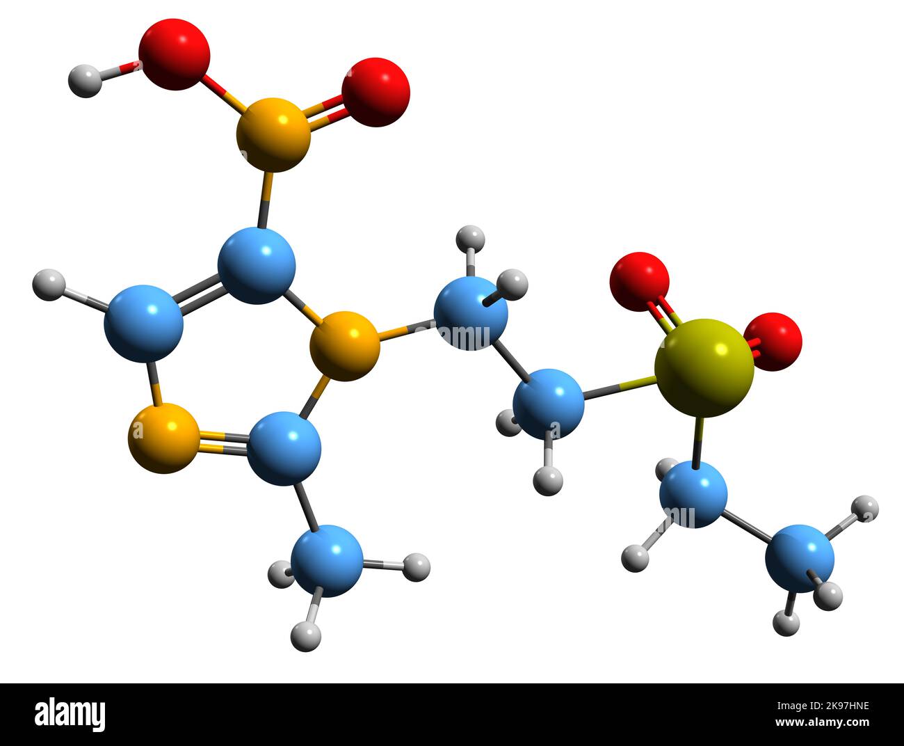3D Bild von Tinidazole Skelettformel - molekularchemische Struktur des Antiprotozoalmedikaments auf weißem Hintergrund isoliert Stockfoto