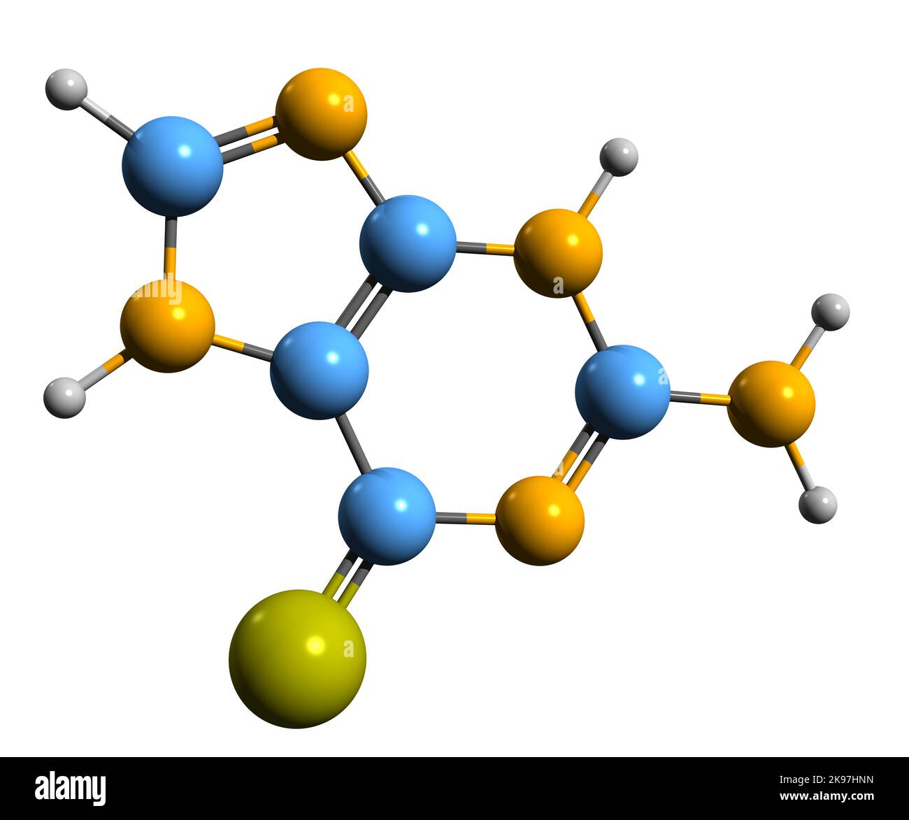 3D Bild der Tioguanin-Skelettformel - molekularchemische Struktur eines Krebsmedikaments isoliert auf weißem Hintergrund Stockfoto