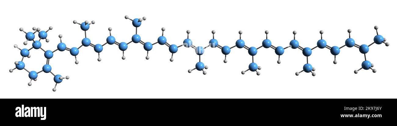 3D Bild der Skelettformel von Torulene - molekularchemische Struktur des auf weißem Hintergrund isolierten Blattlaus-Kohlenwasserstoff-Carotinoid Stockfoto
