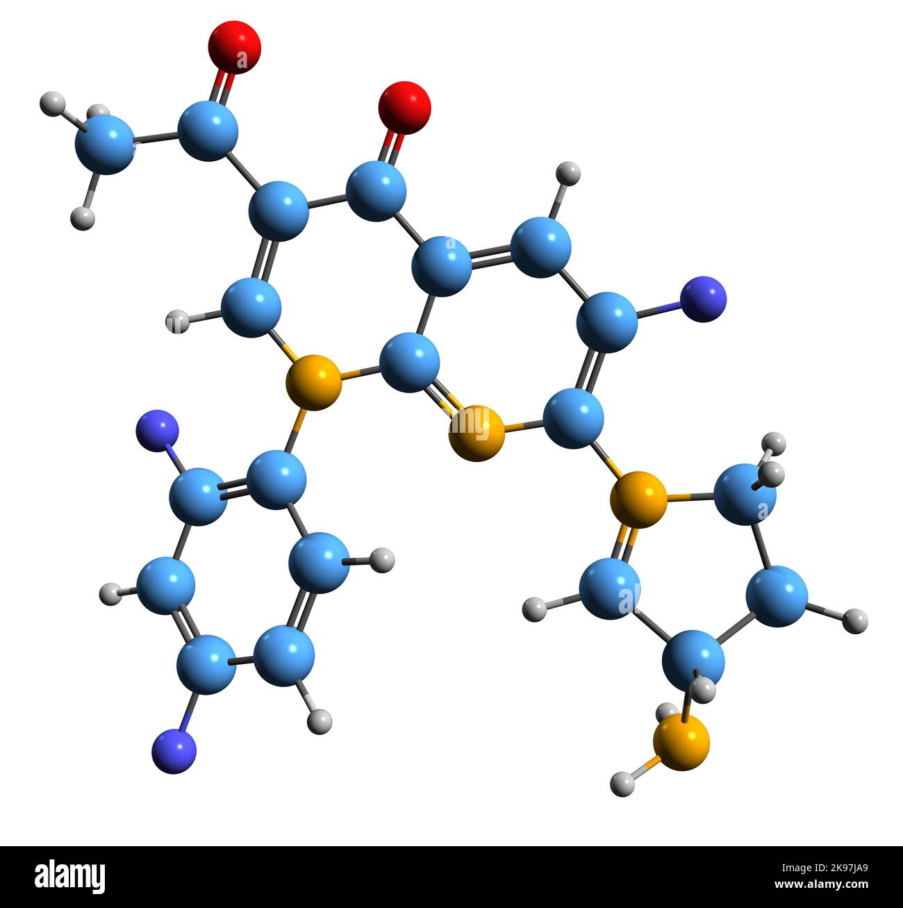 3D Bild der Skelettformel von Tosufloxacin - molekulare chemische Struktur des Fluorchinolon-Antibiotikums, isoliert auf weißem Hintergrund Stockfoto