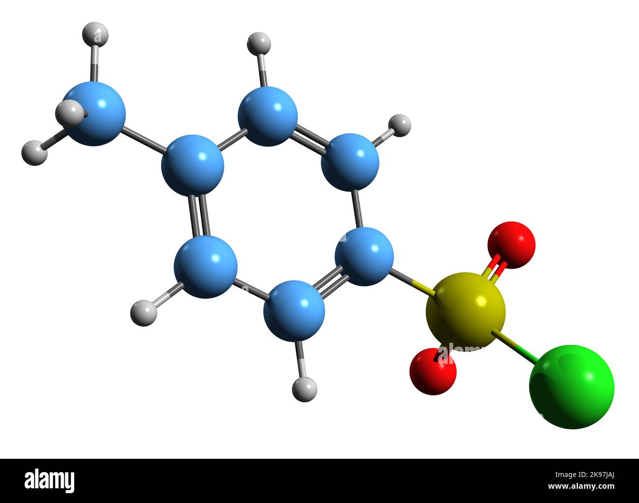 3D Bild der Skelettformel von Tosyl-Chlorid - molekulare chemische Struktur der organischen Verbindung Toluensulfonylchlorid auf weißem Hintergrund isoliert Stockfoto