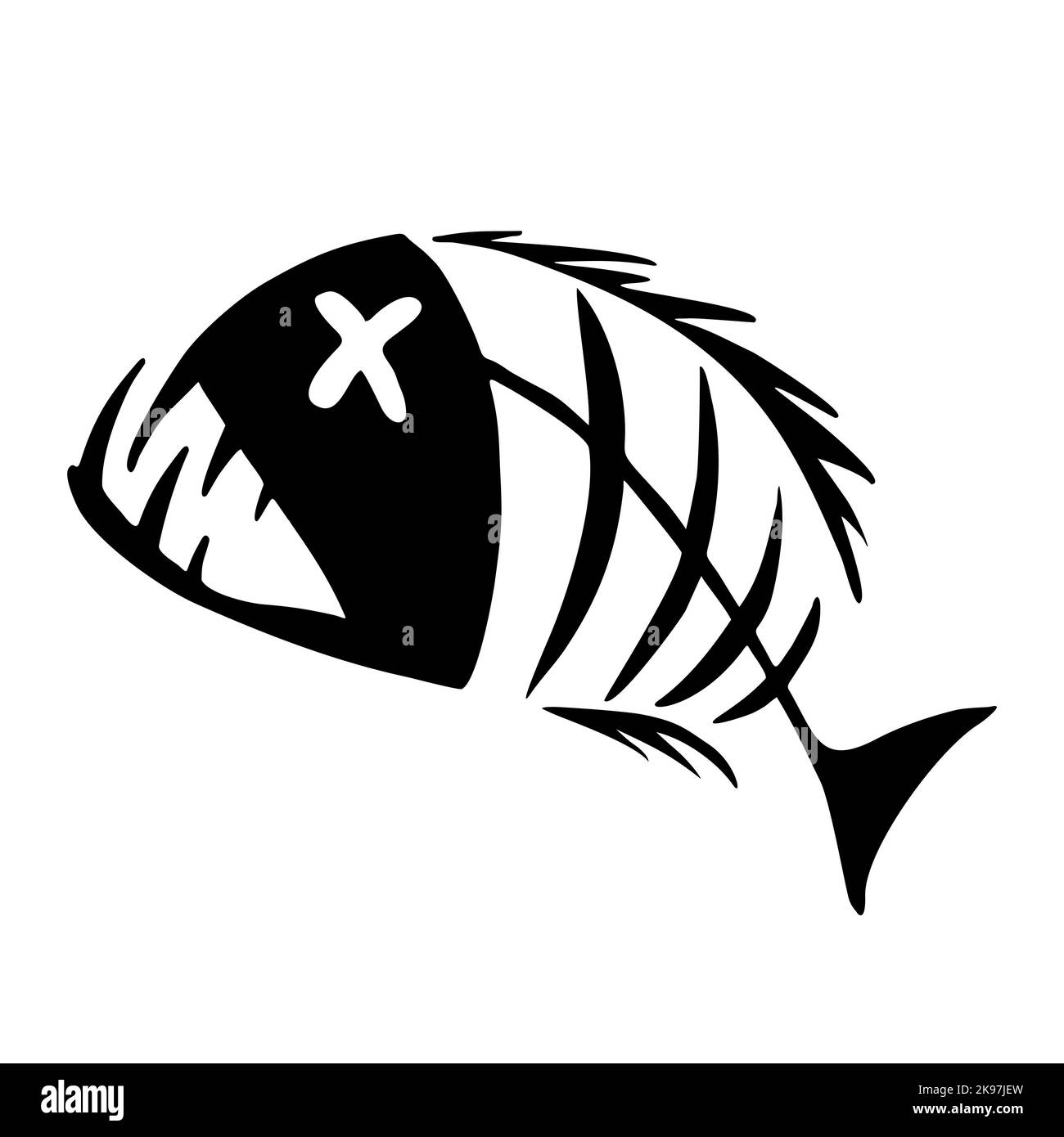Schwarze Grafik eines Fischskeletts auf weißem Hintergrund, Illustration, Design Stockfoto
