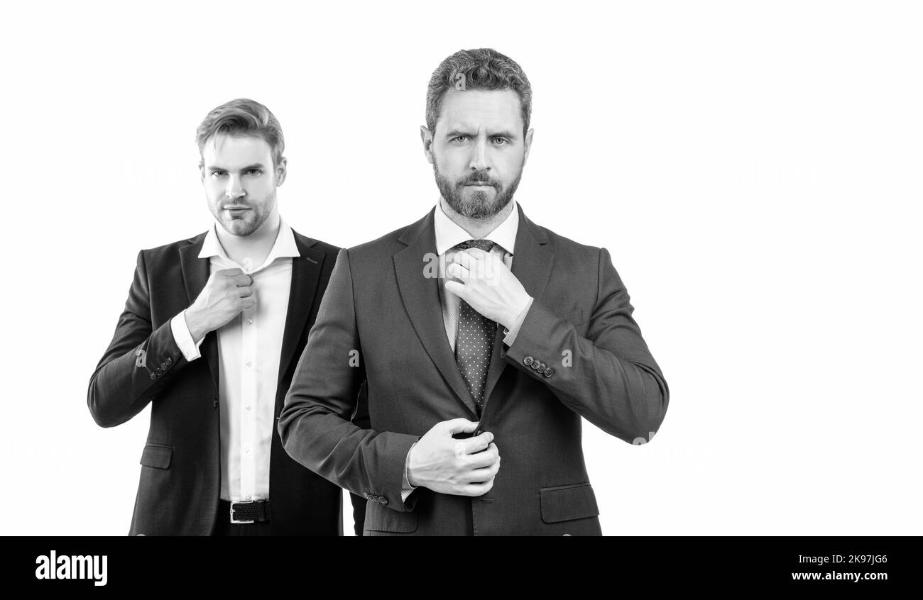 Zwei Männer in formellen Anzug isoliert auf weiß, Geschäft Stockfoto