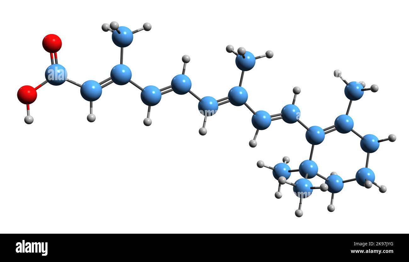 3D Bild der Skelettformel von Tretinoin - molekularchemische Struktur des All-Trans-Retinoinsäure-Medikaments auf weißem Hintergrund isoliert Stockfoto