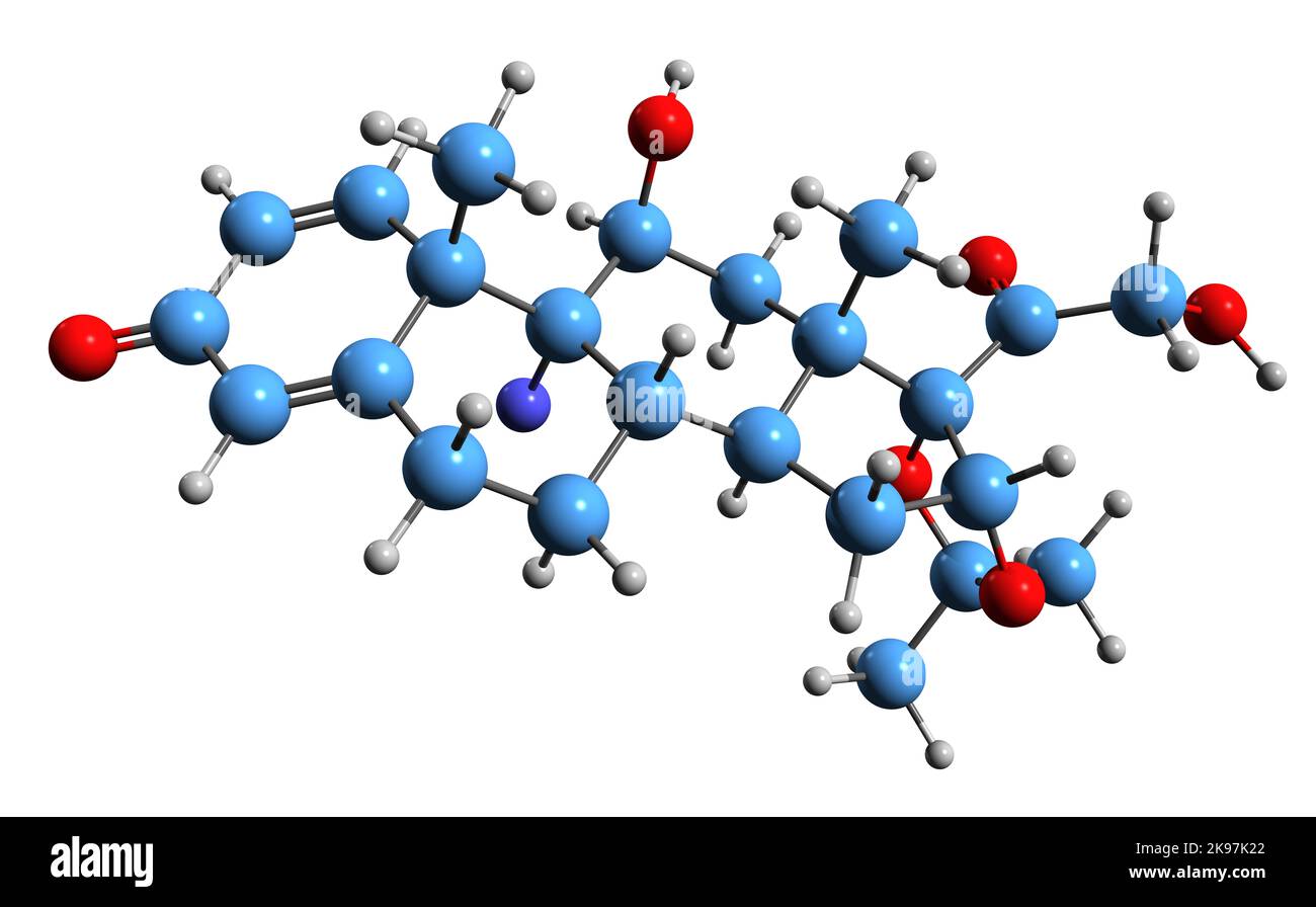 3D Bild der Skelettformel von Triamcinolon acetonid - molekularchemische Struktur synthetischer Kortikosteroidmedikamente, isoliert auf weißem Backgrou Stockfoto