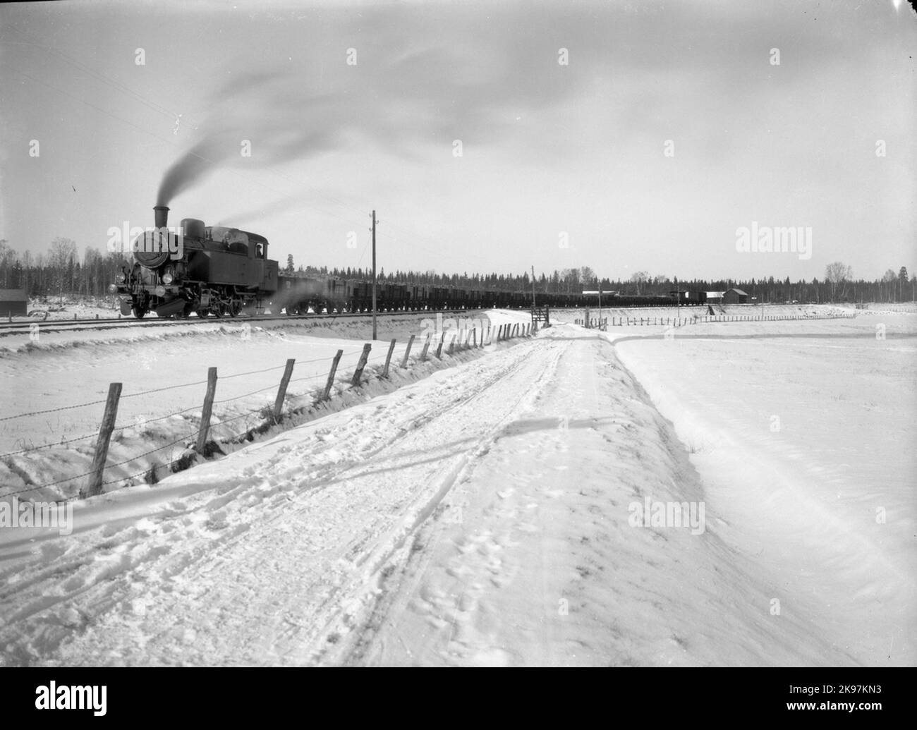 Frövi - Ludvika Railway, Flj 27 mit Erzzug. Die Lokomotive wurde 1911 gebaut. 1931 bis TGOJ AS Y3 127. 1957 als SJ S13 1937 an SJ verkauft. Endete 1970 und wurde 1975 verschrottet. Stockfoto