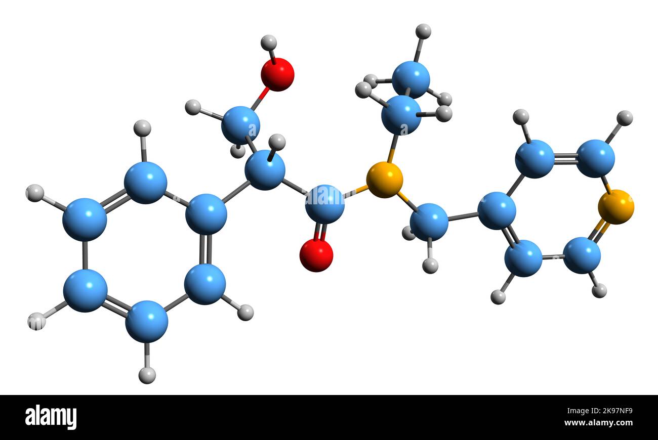 3D Bild der Tropicamid-Skelettformel - molekularchemische Struktur von Mydriasis-Medikamenten isoliert auf weißem Hintergrund Stockfoto