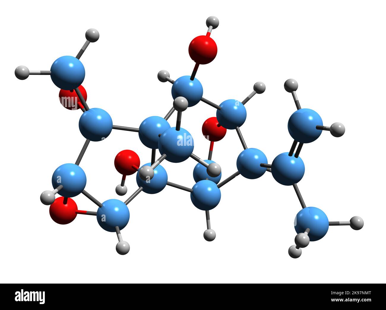 3D Bild der Skelettformel von Tutin - molekularchemische Struktur eines giftigen Pflanzengiftderivats auf weißem Hintergrund isoliert Stockfoto