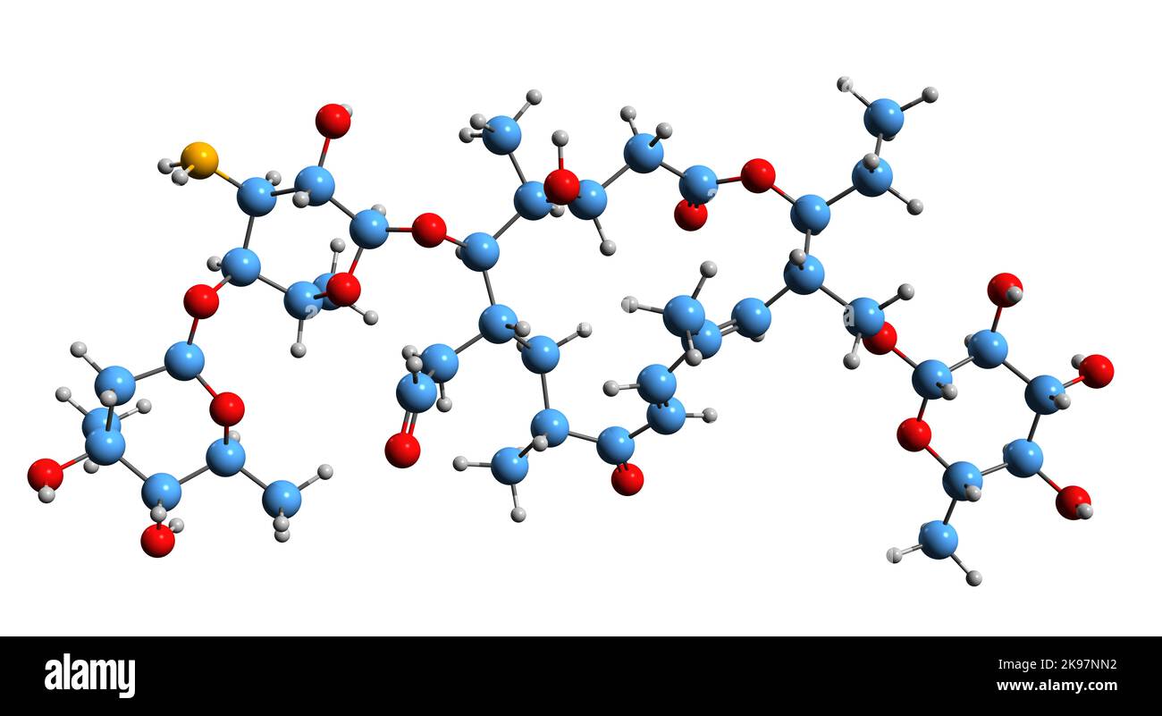 3D Bild der Tylosin-Skelettformel - molekularchemische Struktur des Makrolid-Antibiotikums Е713 isoliert auf weißem Hintergrund Stockfoto