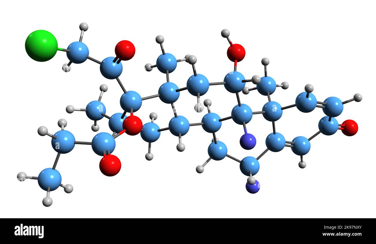 3D Bild der Skelettformel von Ulobetasol-Propionat - molekularchemische Struktur des synthetischen Glucocorticoid-Kortikosteroids halobetasol-Propionat IS Stockfoto