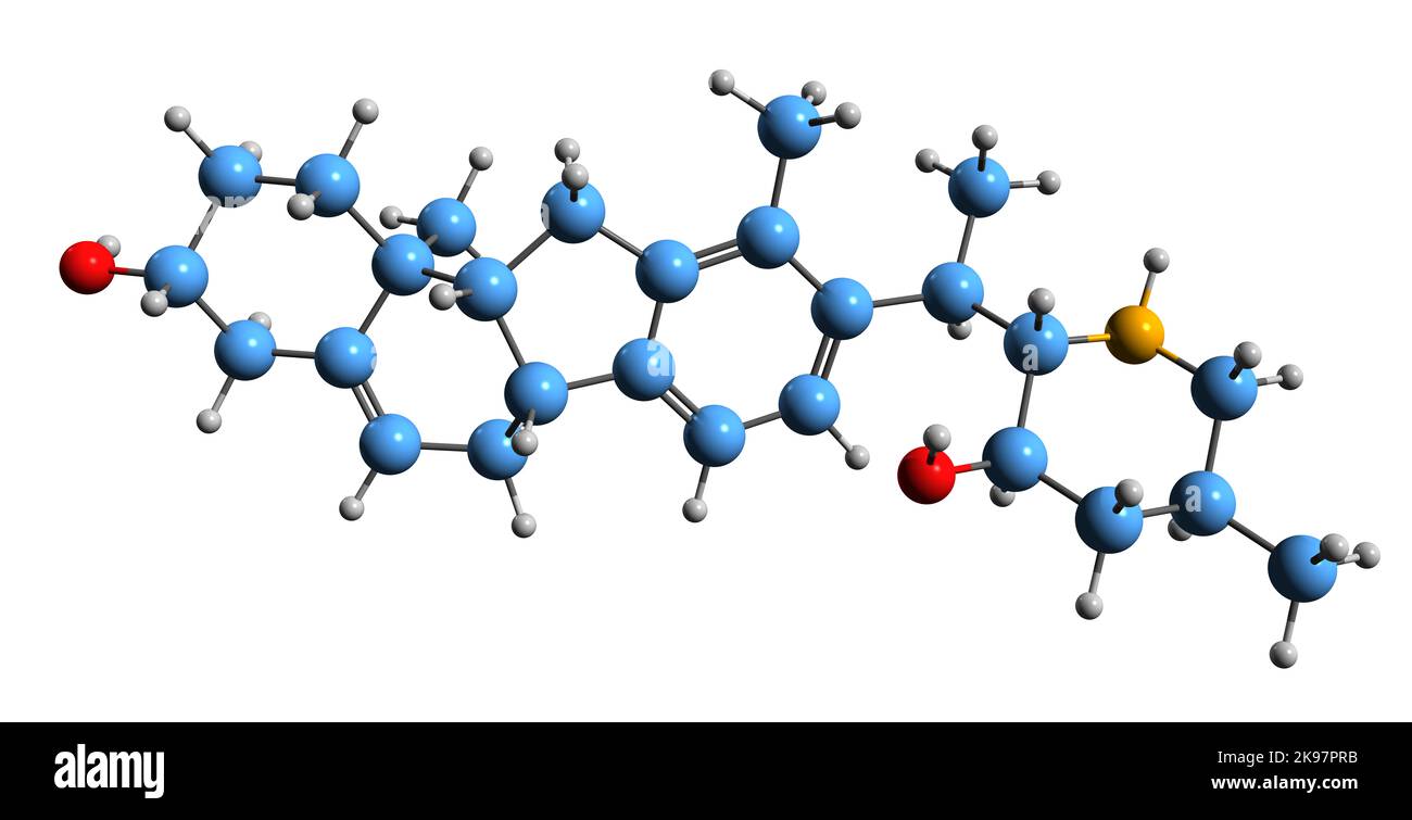 3D Bild der Veratramin-Skelettformel - molekularchemische Struktur des Veratrum-Alkaloids auf weißem Hintergrund isoliert Stockfoto