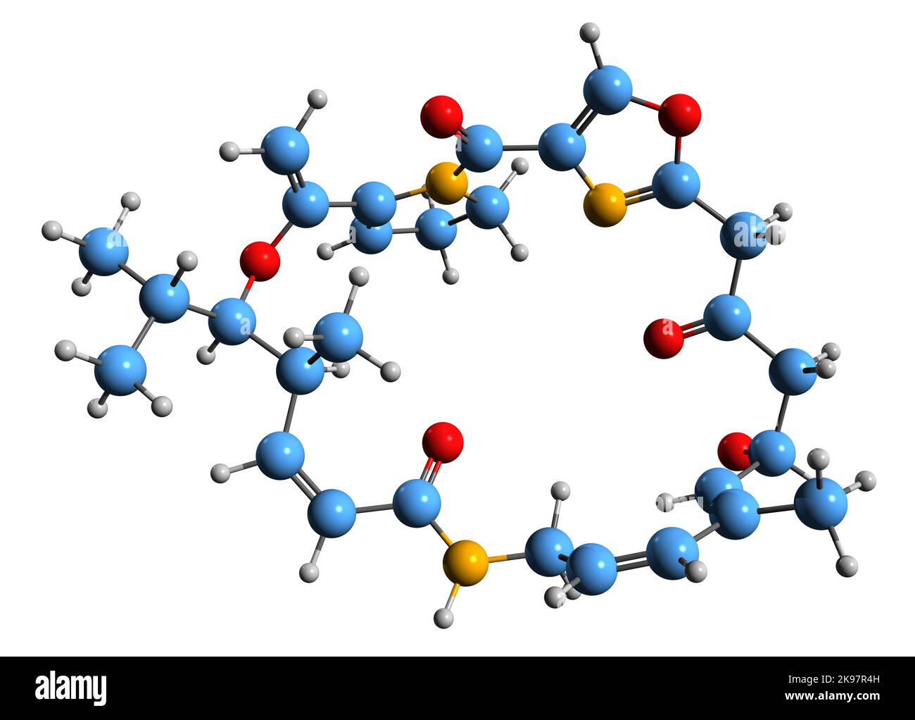 3D Bild der Skelettformel Virginiamicin - molekulare chemische Struktur des Streptogramin-Antibiotikums, isoliert auf weißem Hintergrund Stockfoto