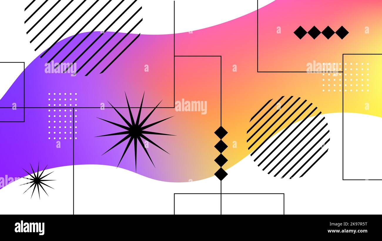 Moderne Abstrakte Hintergrunddarstellung. Violett-gelbe, gradient gewellte Linie mit geometrischen Formen von Kreisen, Sternen und Quadraten auf weißem Hintergrund. Hintergrund für Social Media, Branding, Grafikdesign, Banner, Poster. Vektorgrafik Stock Vektor