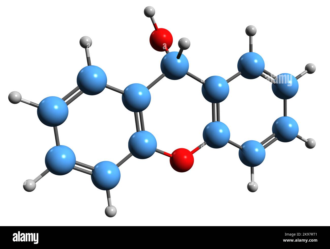 3D Bild der Skelettformel von Xanthydrol - molekularchemische Struktur der Harnstofftestchemischen Verbindung auf weißem Hintergrund isoliert Stockfoto