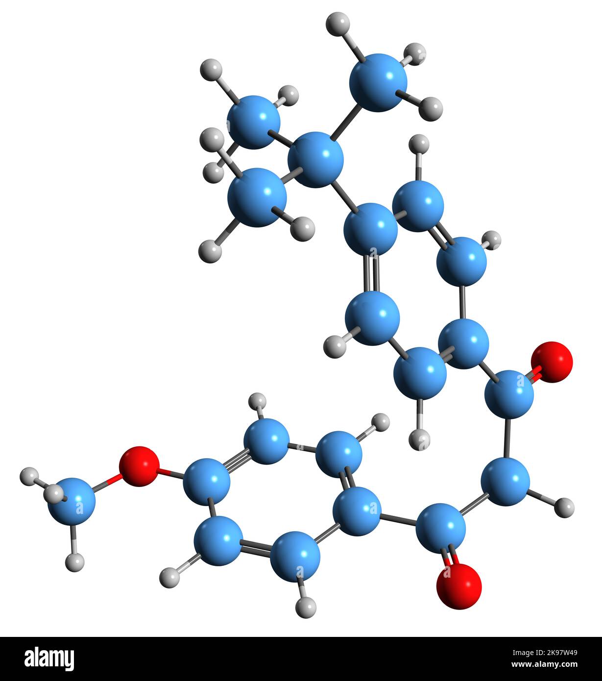 3D Bild der Avobenzone-Skelettformel - molekulare chemische Struktur von spf-Butylmethoxydibenzoylmethan auf weißem Hintergrund isoliert Stockfoto