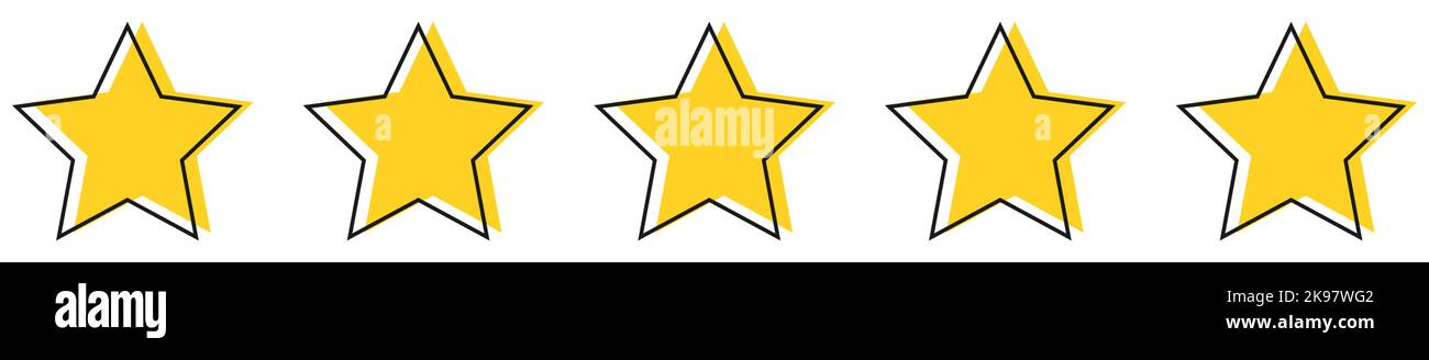 Fünf gelbe Sterne-Symbole. Qualitätsrankings festgelegt. Design für Web- und mobile Apps. Vektorgrafik Stock Vektor
