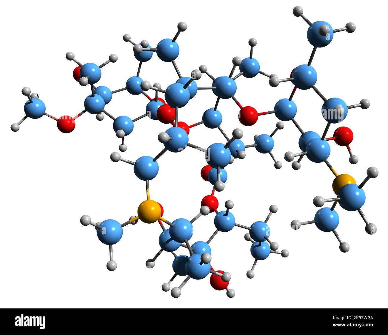 3D Bild der Skelettformel von Azithromycin - molekularchemische Struktur von Antibiotika-Medikamenten isoliert auf weißem Hintergrund Stockfoto