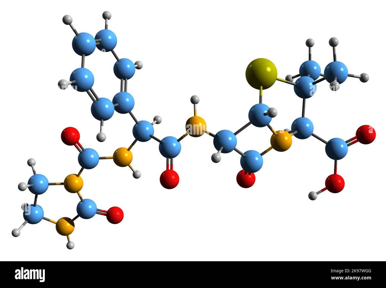 3D Bild der Skelettformel von Azlocillin - molekulare chemische Struktur des Acylampicillin-Antibiotikums, isoliert auf weißem Hintergrund Stockfoto