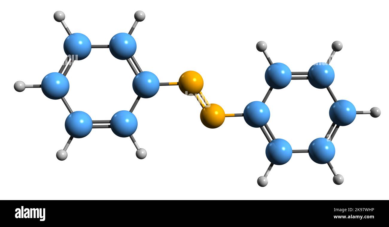 3D Bild der Skelettformel der Azobenzene - molekulare chemische Struktur der photoschaltbaren chemischen Verbindung, isoliert auf weißem Hintergrund Stockfoto
