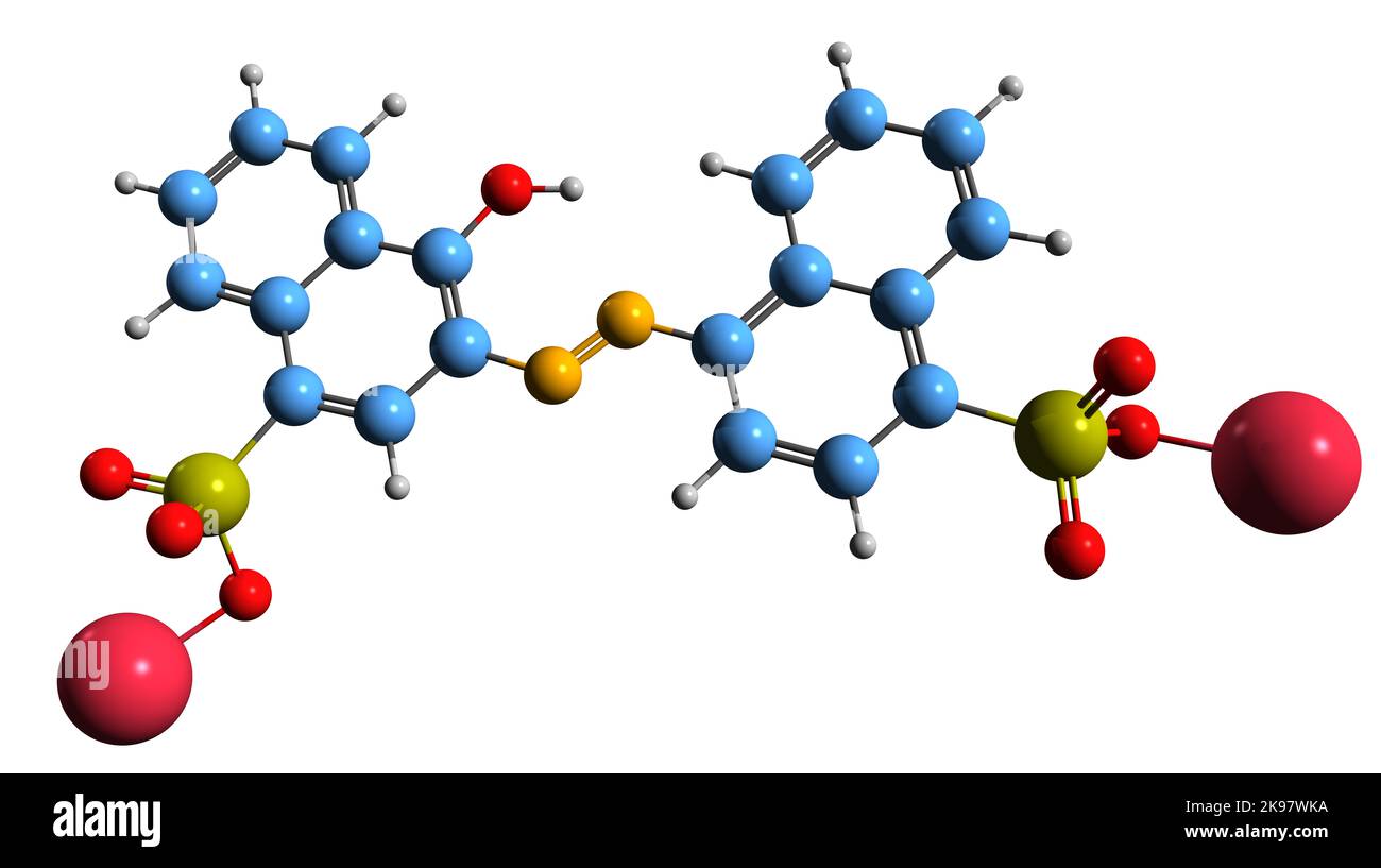 3D Bild der Skelettformel der Azorubine - molekulare chemische Struktur des Azo-Farbstoffes Carmoisin auf weißem Hintergrund isoliert Stockfoto