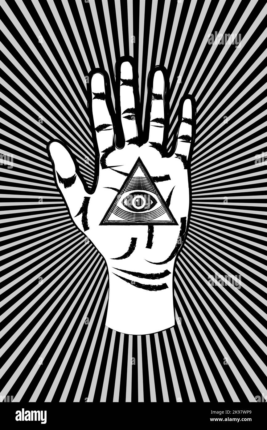 Offene Palme mit allen sehenden Augen heilige Freimaurer-Symbol, drittes Auge der Vorsehung, Dreieck Pyramide. Neue Weltordnung. Grunge Alchemie Ikone, Religion, Geist Stock Vektor