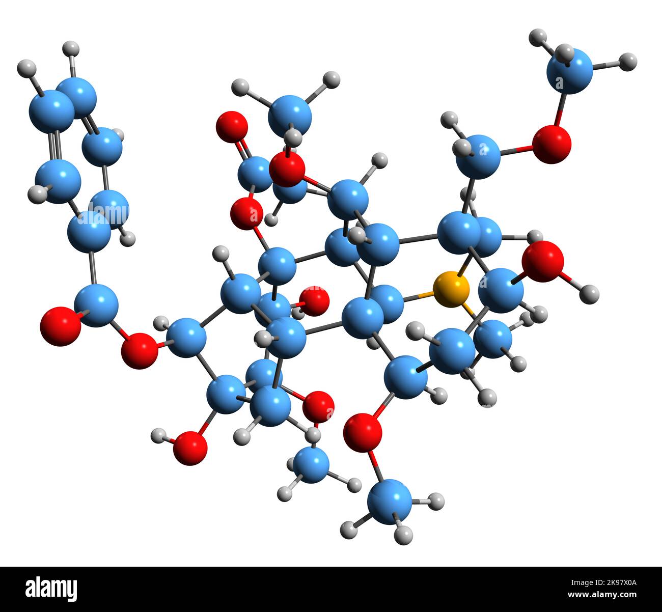3D Bild der aconitinen Skelettformel - molekulare chemische Struktur des Alkaloidtoxins auf weißem Hintergrund isoliert Stockfoto