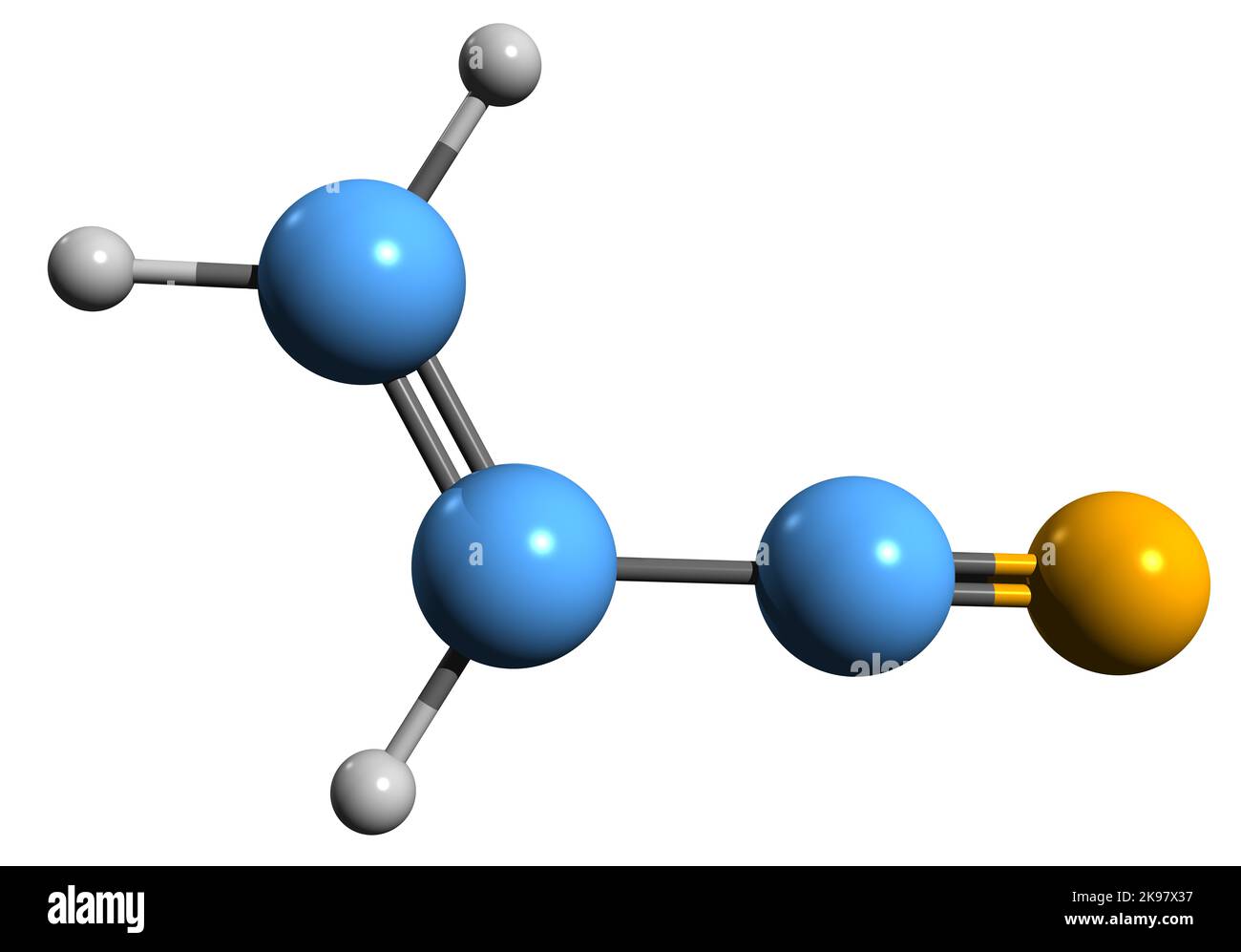 3D Bild der Skelettformel von Acrylnitril - molekularchemische Struktur der organischen Verbindung Cyanoethen auf weißem Hintergrund isoliert Stockfoto