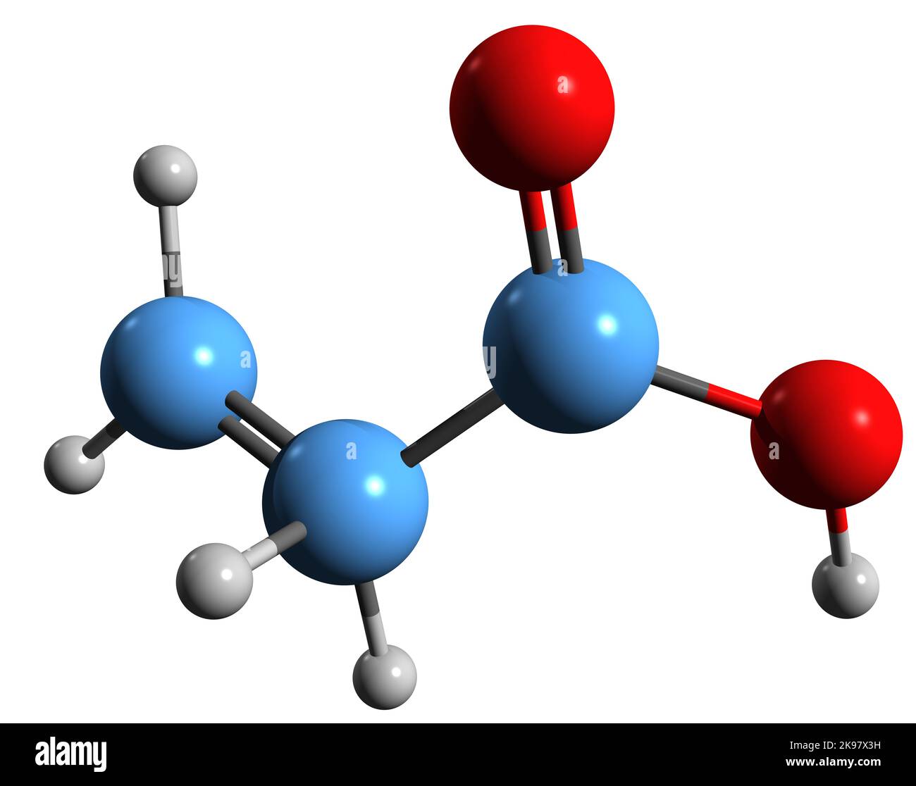 3D Bild der Skelettformel der Acrylsäure - molekulare chemische Struktur der auf weißem Hintergrund isolierten Propenesäure Stockfoto