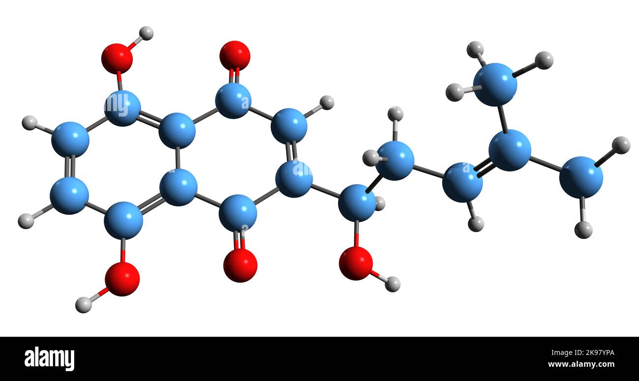 3D Bild der Skelettformel von Alkannin - molekularchemische Struktur des natürlichen Farbstoffes natürliches Rot 20 isoliert auf weißem Hintergrund Stockfoto