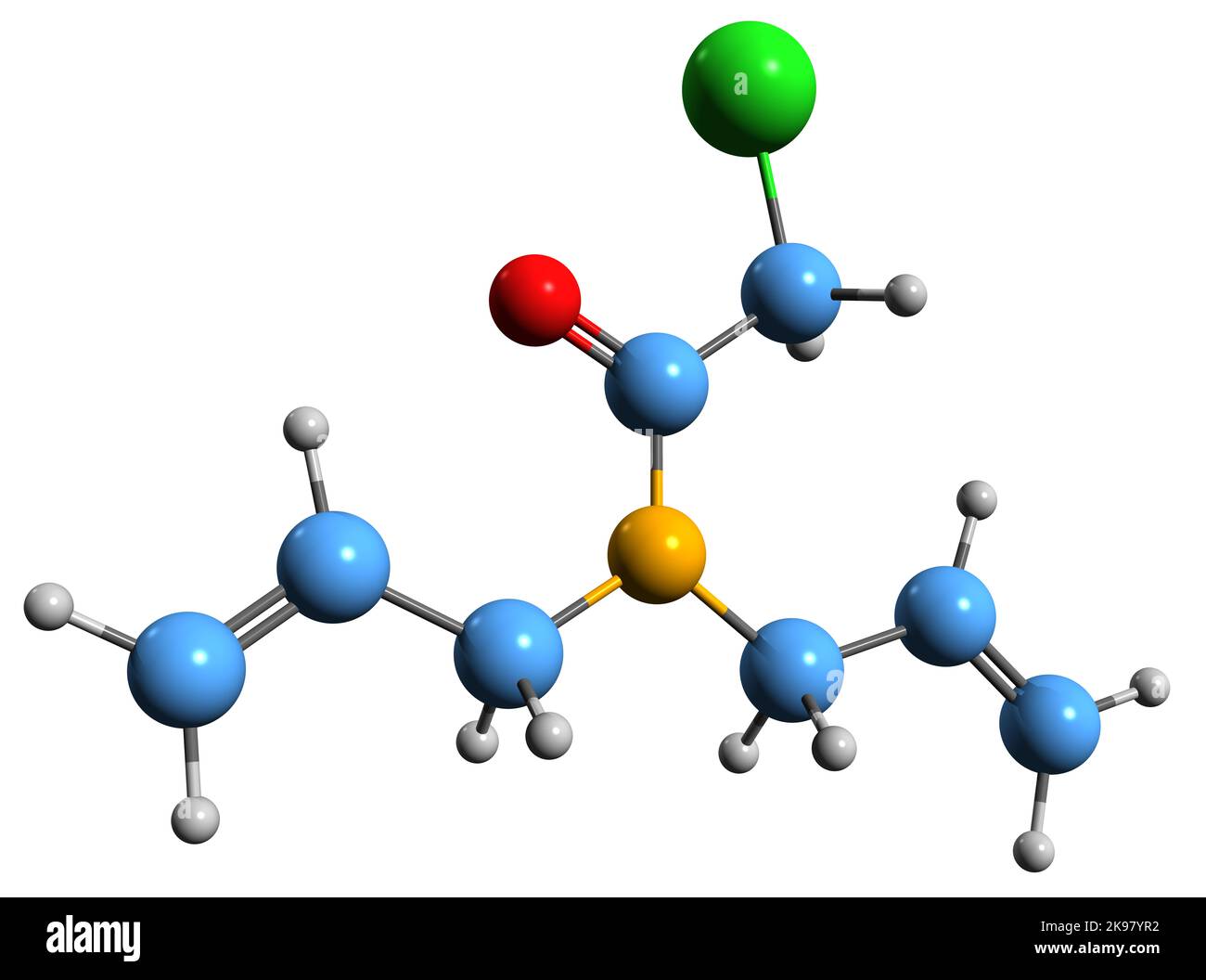 3D Bild der Skelettformel von Allidochlor - molekularchemische Struktur des Insektizids isoliert auf weißem Hintergrund Stockfoto