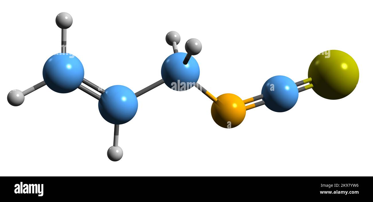 3D Bild der Skelettformel von Allyl-Isothiocyanat - molekulare chemische Struktur der organoschwefelhaltigen Verbindung auf weißem Hintergrund isoliert Stockfoto