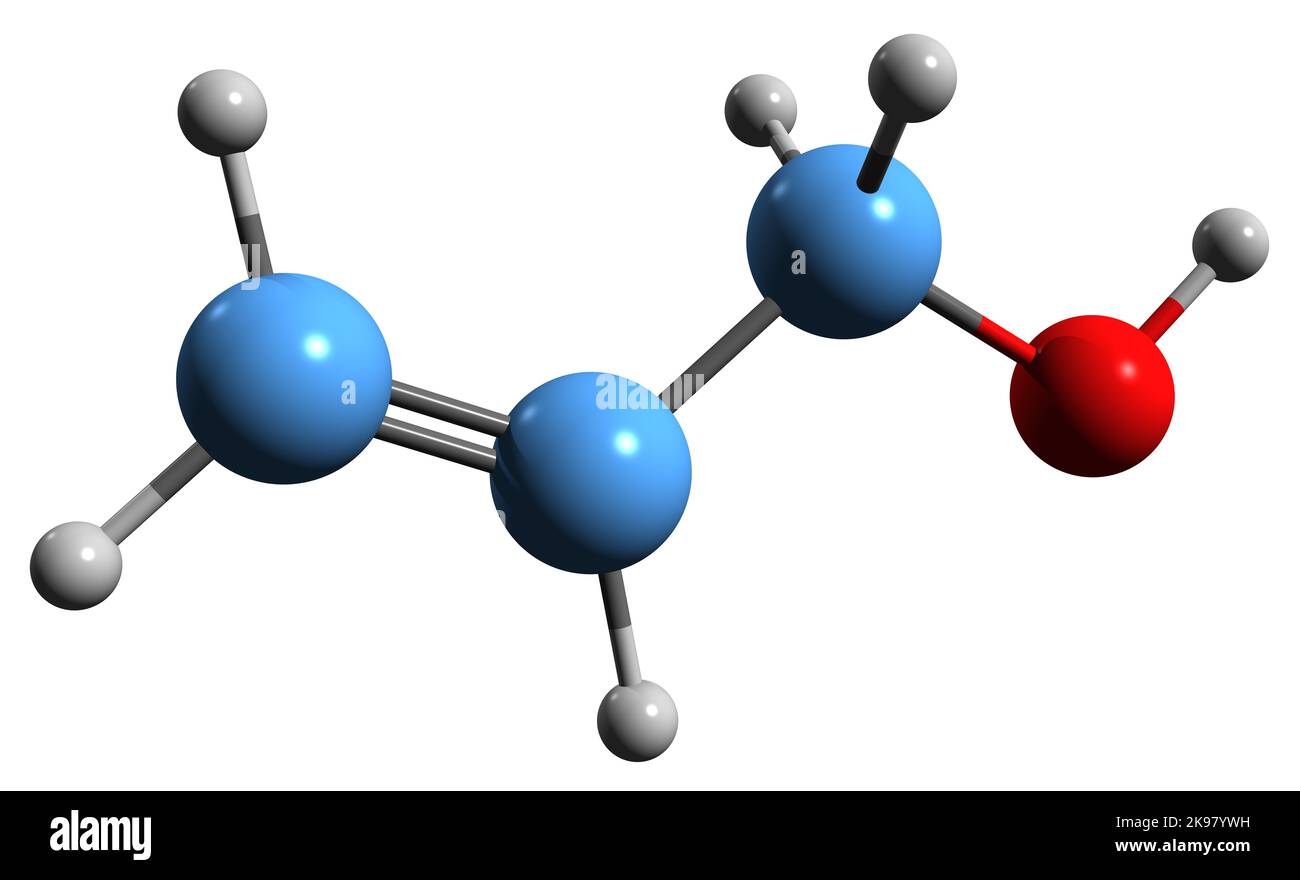 3D Bild der Skelettformel von Allyl-Alkohol - molekularchemische Struktur von Vinyl-Carbinol isoliert auf weißem Hintergrund Stockfoto