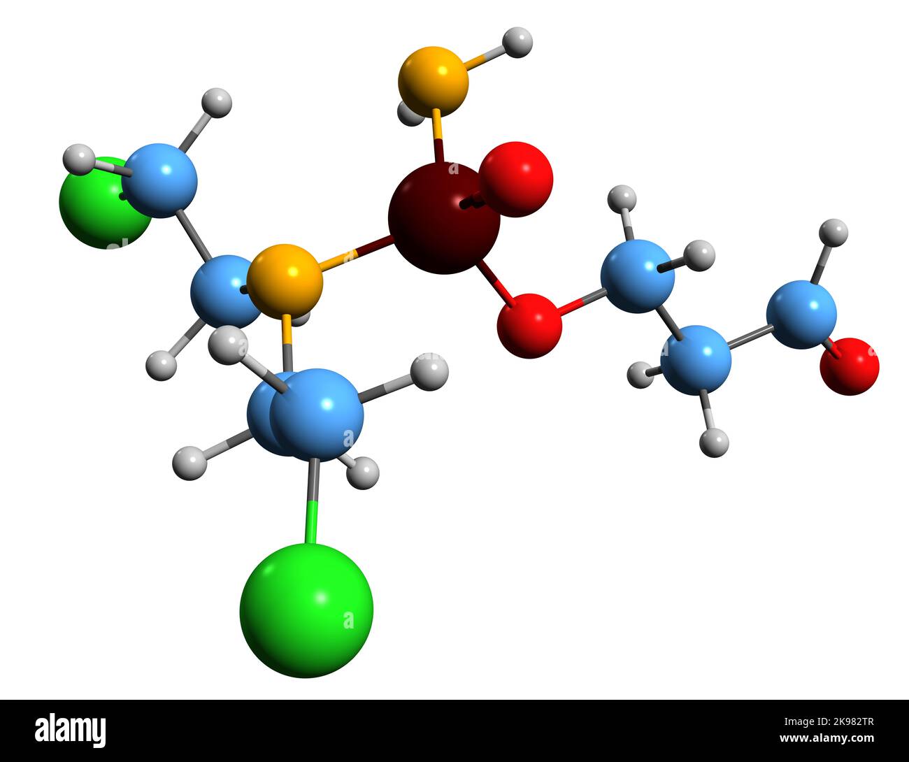3D Bild der Skelettformel von Aldophosphamid - molekulare chemische Struktur des zytostatischen Antitumor-Chemotherapeutikums, isoliert auf weißem Backgrou Stockfoto